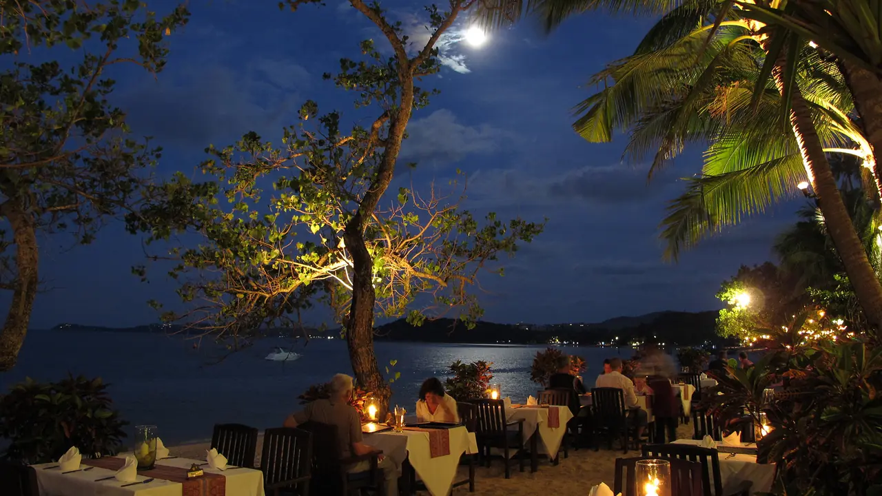 The beach by moonlight, guests at candlelit tables under a lit tree