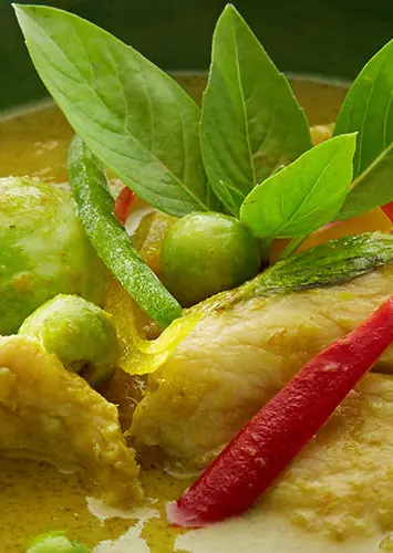 A creamy curry with small green aubergines, basil leaves and a long red chilli